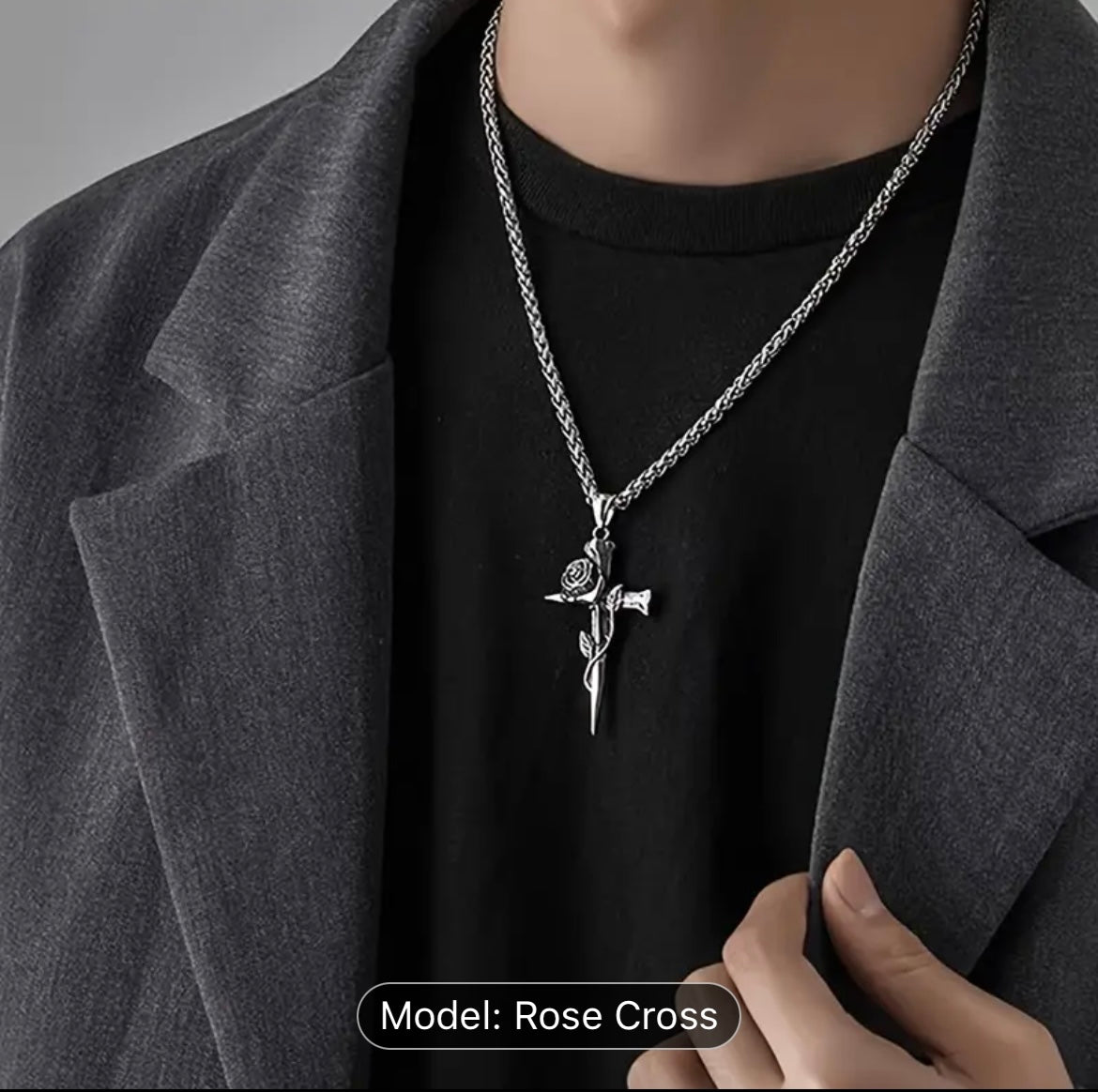 Men Vintage cross rose pendant